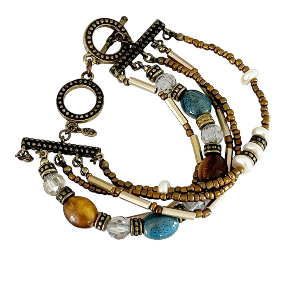 PD Premier Designs Multi Strand Bronze Blue Beaded Bracelet